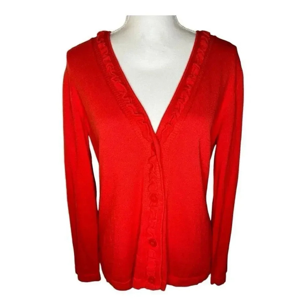 Jones Wear Women’s Medium‎ Red Ruffled Button Front Cardigan